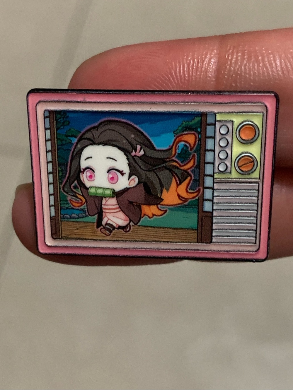 Pink Enamel TV Brooch with Anime Character Design